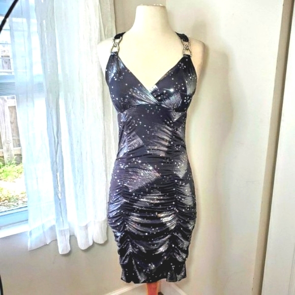 Taboo Dresses & Skirts - Taboo Dress Ruffled V-Neck X-Crossed Open Back Silver Sparkle Black Dress-Size M